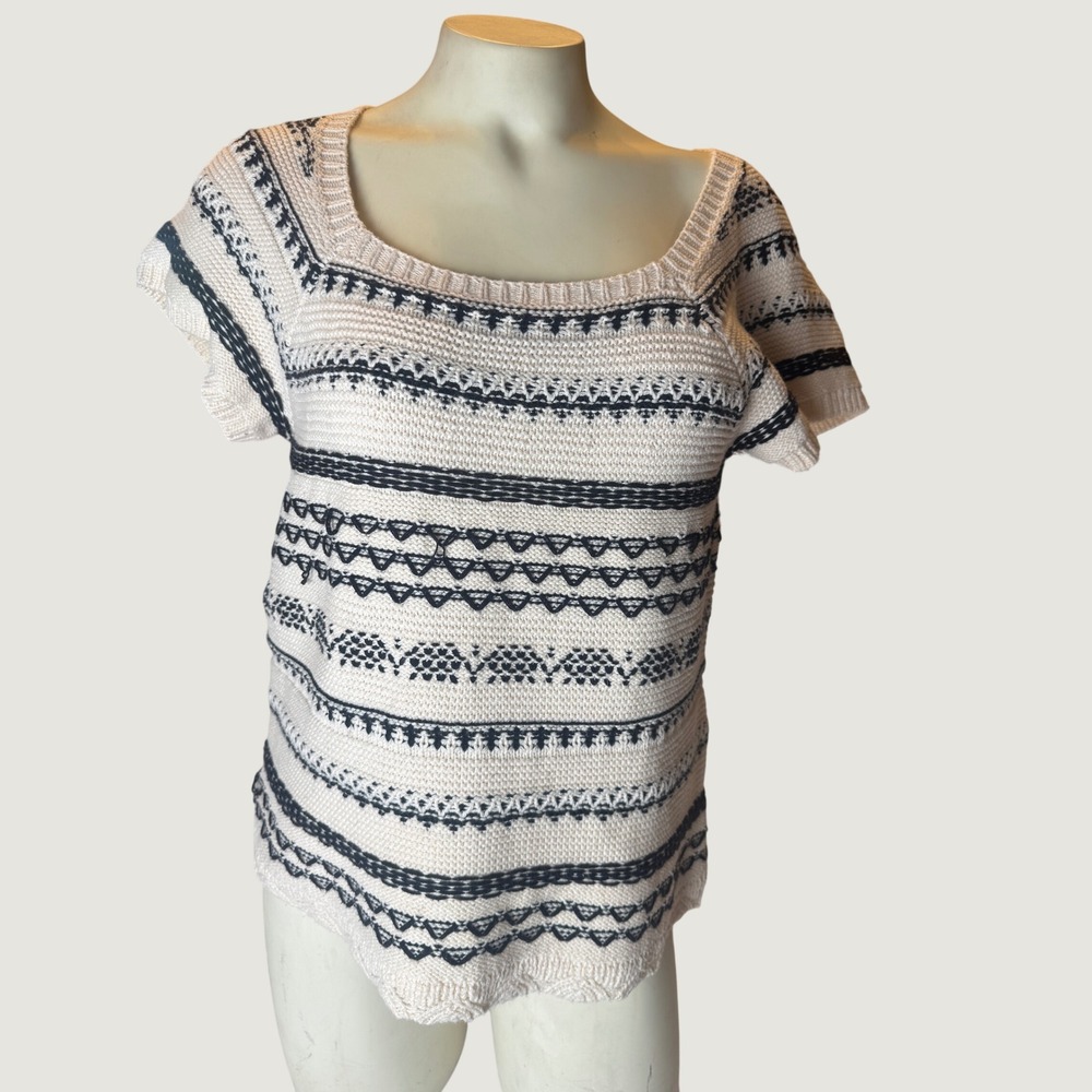 Medium Cream Black Textured Knit Short Sleeve Sweater Boho Crochet